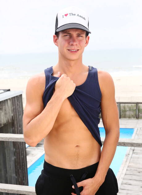 American young boy Garrett Cooper and well-built Tanner Brock fuck after blowjob at pool