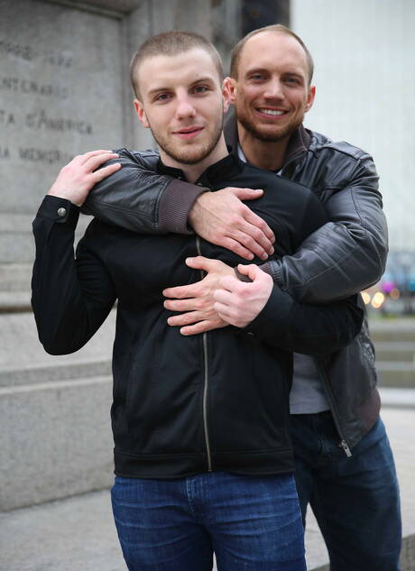 Hot american guys hot twink Doug Acre and hunk John Magnum love each other outside