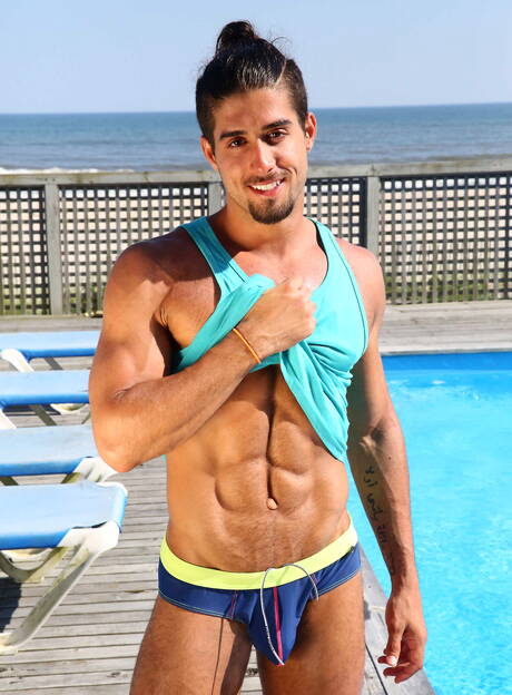 Latin tough guy Diego Sans and american young dude Garrett Cooper love each other on the beach