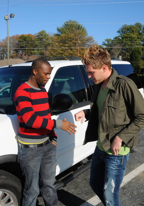 Black young dude Intrigue and beefcake Joe Andrews fuck ass after interracial sucking outside