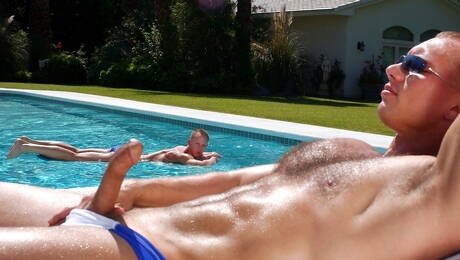 Hot House: American hunky guy John Magnum and hunky guy Jr Matthews in hot anal sex in the pool