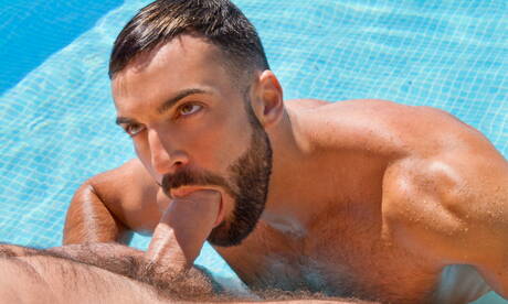 Spanish beefy Abraham Al Malek and spanish otter Dario Beck fuck after dick sucking at the pool