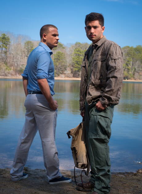 American tough guy Brandon Wilde and russian well-built Vadim Black posing naked outside