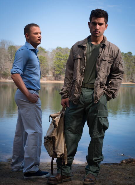 American tough guy Brandon Wilde and russian well-built Vadim Black posing naked outside