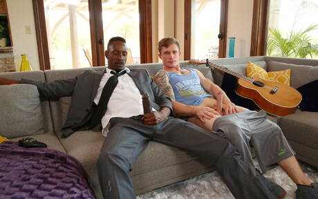 Two american dudes husky guy Markie More and muscular Derek Maxum in black on white love outdoor