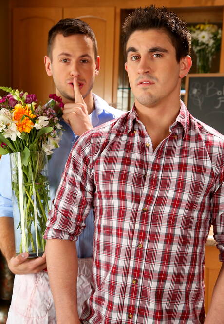 Next Door Studios: Famous americans, hunky guy Derrick Dime and well-built Brenner Bolton fuck ass after sucking dick