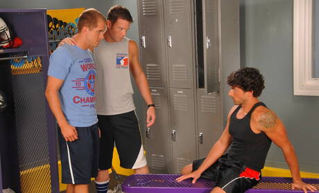 Next Door Studios: Horny guys Jeremy Bilding, Brandon Lewis and Steven Daigle in threesome fuck action