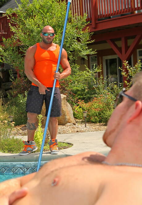 Canadian bodybuilder Marko Lebeau and  Max Chevalier in hot homosexual action at pool