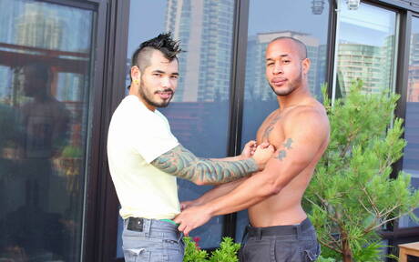 Der starke Latino Lawson Kane und der lateinamerikanische Hengst Draven Torres lieben sich im Freien