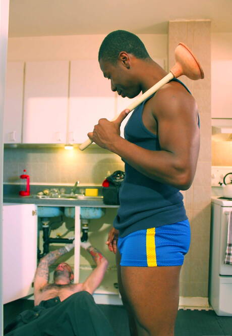 Next Door Studios: Canadian mature bear Sam Swift and black beefcake Damian Brooks in hard interracial anal sex in the kitchen