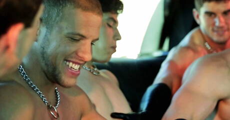 Next Door Studios: Tyler, Taylor, Christian, Conner, Hugh in latex licking ass in group