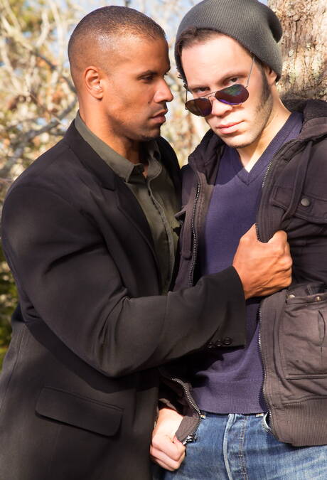 Nice american buddies tough guy Wolf Hudson and muscular Robert Axel have a good interracial anal sex outside