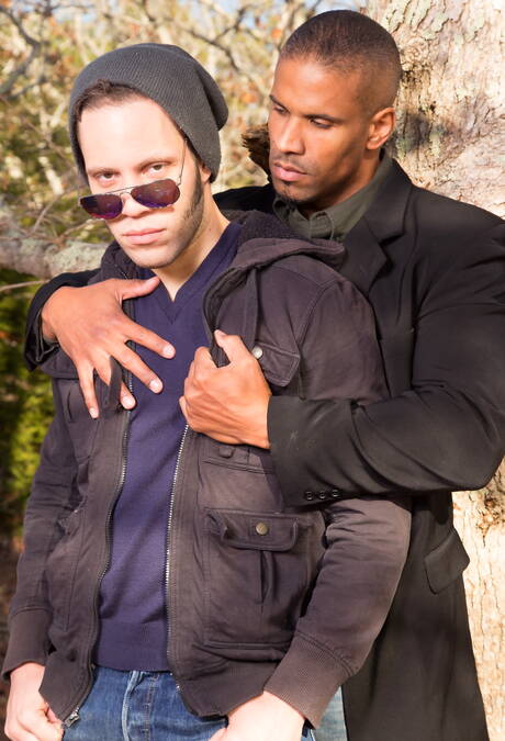 Nice american buddies tough guy Wolf Hudson and muscular Robert Axel have a good interracial anal sex outside