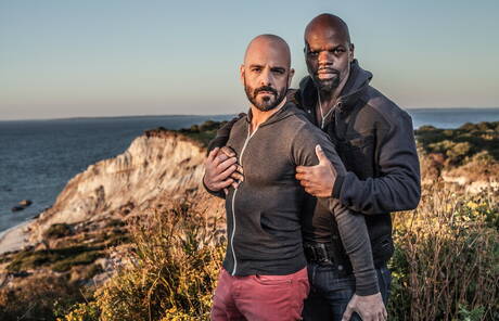 American hairy stud Adam Russo and husky guy Cutler X shows a muscle body on beach