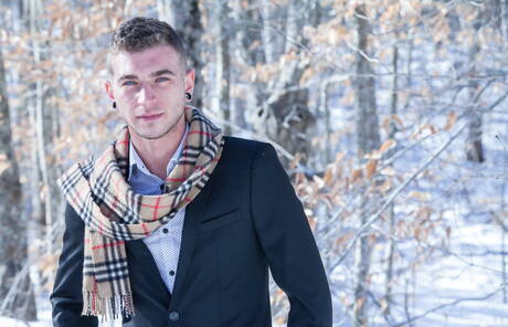 American hairy stud Alex Greene and french muscular Theo Ford get naked and showing tight butt outside