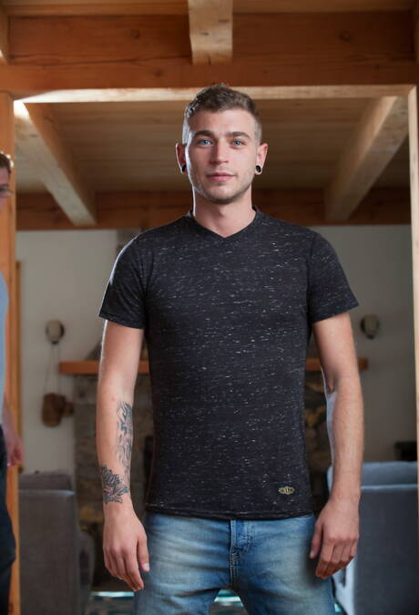 American hairy stud Alex Greene and french muscular Theo Ford get naked and showing tight butt outside