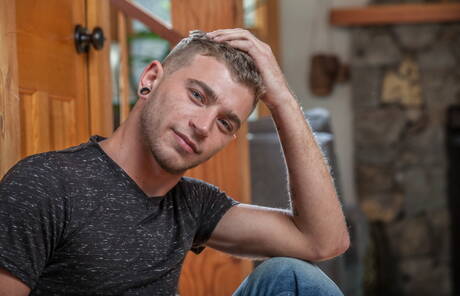 American hairy stud Alex Greene and french muscular Theo Ford get naked and showing tight butt outside