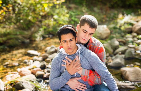 American stars tough guy Armond Rizzo and young dude Kory Houston posing naked outdoor
