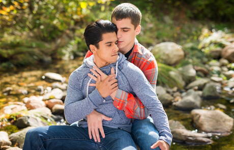 American stars tough guy Armond Rizzo and young dude Kory Houston posing naked outdoor