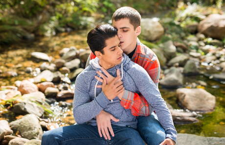 American stars tough guy Armond Rizzo and young dude Kory Houston posing naked outdoor