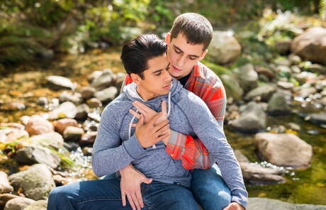 American stars tough guy Armond Rizzo and young dude Kory Houston posing naked outdoor