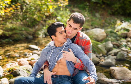American stars tough guy Armond Rizzo and young dude Kory Houston posing naked outdoor