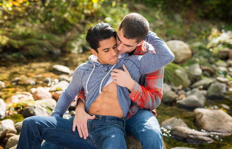 American stars tough guy Armond Rizzo and young dude Kory Houston posing naked outdoor