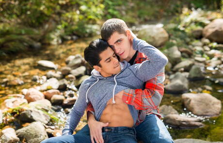 American stars tough guy Armond Rizzo and young dude Kory Houston posing naked outdoor