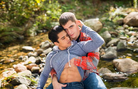 American stars tough guy Armond Rizzo and young dude Kory Houston posing naked outdoor