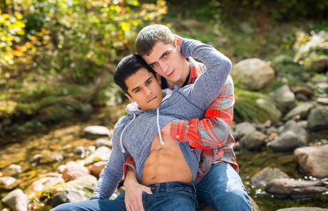 American stars tough guy Armond Rizzo and young dude Kory Houston posing naked outdoor
