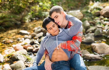 American stars tough guy Armond Rizzo and young dude Kory Houston posing naked outdoor