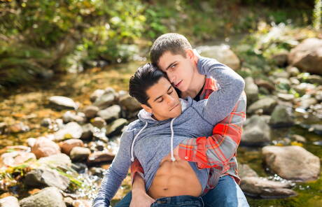 American stars tough guy Armond Rizzo and young dude Kory Houston posing naked outdoor