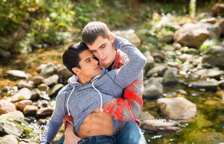 American stars tough guy Armond Rizzo and young dude Kory Houston posing naked outdoor