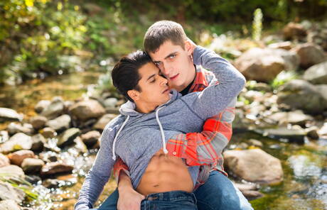 American stars tough guy Armond Rizzo and young dude Kory Houston posing naked outdoor