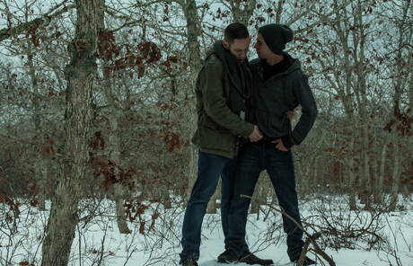 O lindo garanhão americano peludo Alex Greene e o garanhão Wolf Hudson mostram um corpo perfeito por fora