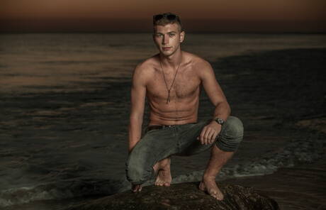 Amerikaanse otter Alexander Greene en Ierse harige beer Brendan Patrick poseren naakt op het strand