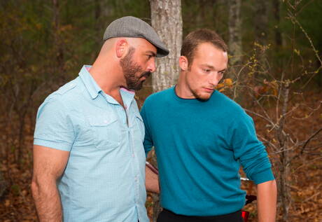 Icon Male: Hunk beard Billie, Roman Todd, Adam, and Derek kissing and posing outdoors