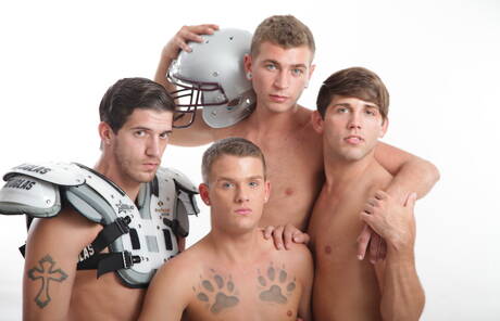 Icon Male: Sporty gays Aiden, Alexander and Brandon posing in football uniform