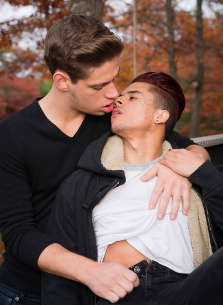 Hübscher amerikanischer Superhengst Armond Rizzo und muskulöser Kerl Michael Delray zeigen einen schönen Körper im Freien