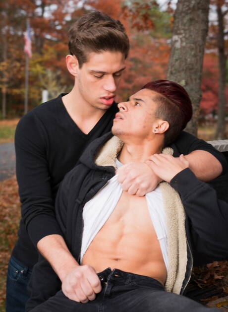 Hübscher amerikanischer Superhengst Armond Rizzo und muskulöser Kerl Michael Delray zeigen einen schönen Körper im Freien