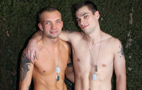 Active Duty: American tough guy Princeton Price and well-built Leo Wyatt drilling an ass outside