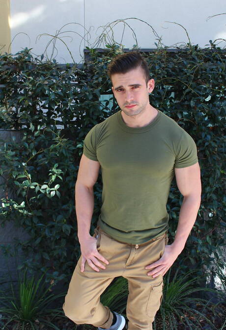 Active Duty: American beefy Mathias teasing his cock outside
