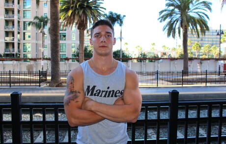 American strongman Spencer Laval playing with dick outdoor