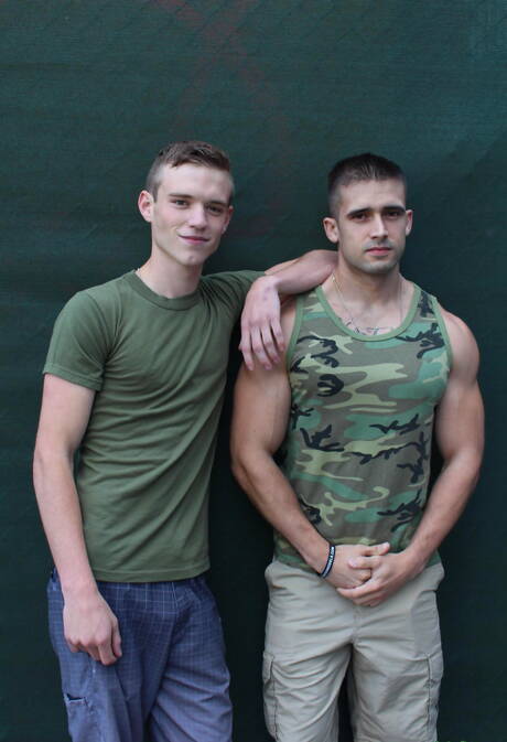 Active Duty: Nice american guys beefcake Scott Finn and well-built Mathias love each other outside
