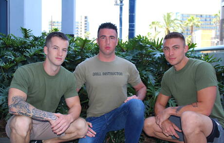 Horny guys Quentin Gainz, Ripley Grey and Jay Ice sucking and fucking each other outside