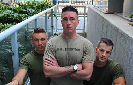 Horny guys Quentin Gainz, Ripley Grey and Jay Ice sucking and fucking each other outside