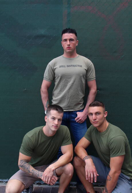 Horny guys Quentin Gainz, Ripley Grey and Jay Ice sucking and fucking each other outside