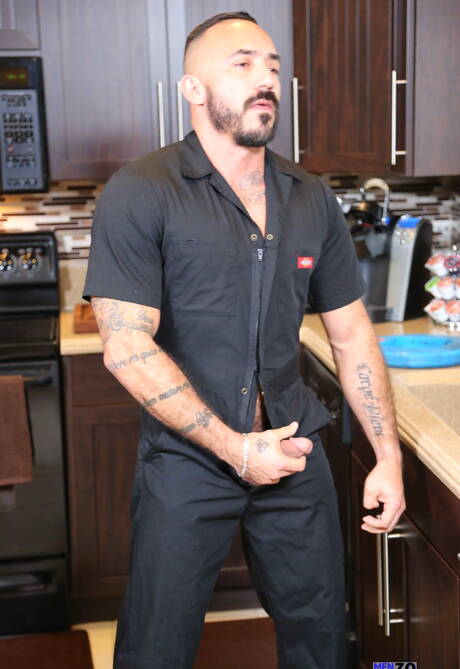 Mexican hairy bear Alessio Romero and american beefy Logan Vaughn sucking and screwing each other in the kitchen