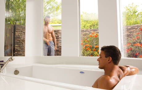 Falcon Studios: American husky guy Sebastian Rossi and german muscular Alexander Gustavo in hot homosexual action in bathroom