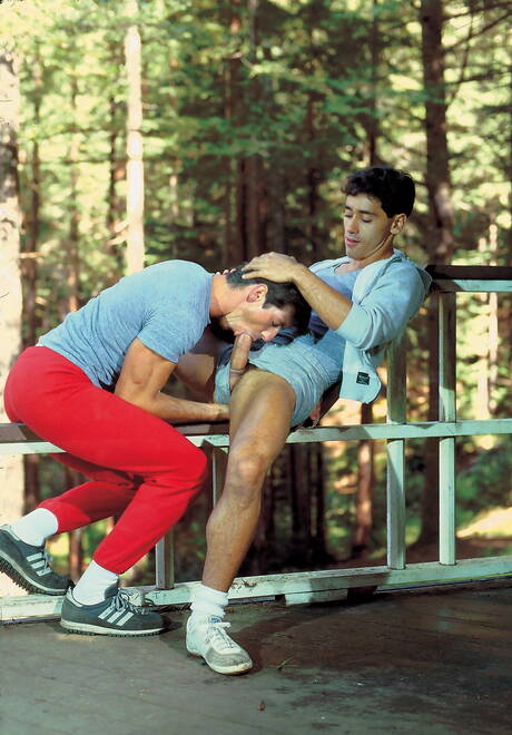 Sensual dude Joe Savage and beautiful guy Jeff Converse love each other outdoor